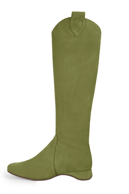 Pistachio green women's cowboy boots. Round toe. Flat wedge heels. Made to measure. Rear view - Florence KOOIJMAN